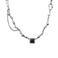 Titanstahl Halskette, mit kubischer Zirkonia & Natürliche kultivierte Süßwasserperlen, mit Verlängerungskettchen von 7cm, Quadrat, silberfarben plattiert, Modeschmuck & einstellbar & für Frau, keine, Länge:ca. 43 cm, verkauft von PC