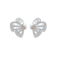 Cubic Zirconia Micro Pave Sterling Silver Earring, 925 Sterling Silver, Butterfly, plated, micro pave cubic zirconia & for woman & with plastic pearl, more colors for choice, 16x12mm, Sold By PC