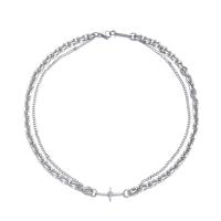 Multi Layer Necklace, 316L Stainless Steel, Cross, Double Layer & Unisex & oval chain & with rhinestone, original color, 25x14x3mm, Length:Approx 21.6 Inch, Sold By PC