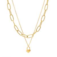 Multi Layer Necklace 316L Stainless Steel with 1.96inch extender chain Lock real gold plated Double Layer & oval chain & for woman Length Approx 15.3 Inch Sold By PC