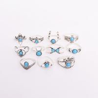 Tibetan Style Ring Set, with turquoise, platinum color plated, 11 pieces & for woman, 16mm,17mm, Hole:Approx 2.5mm, Sold By Set