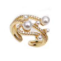 Cubic Zirconia Micro Pave Brass Ring, with Plastic Pearl, gold color plated, different styles for choice & micro pave cubic zirconia & for woman, nickel, lead & cadmium free, 15mm, Sold By PC