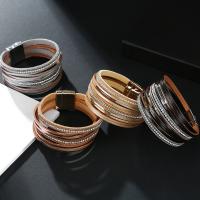 PU Leather Cord Bracelets with Brass multilayer & for woman & with rhinestone 20mm Inner Approx 60mm Sold By PC