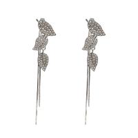 Fashion Fringe Earrings, Tibetan Style, Leaf, high quality silver color plated, fashion jewelry & for woman & with rhinestone, silver color, nickel, lead & cadmium free, 18x81mm, Sold By Pair