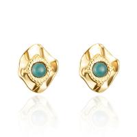 Titanium Steel  Earring, with Natural Stone, 14K gold plated, fashion jewelry & for woman, gold, 14mm, Sold By Pair