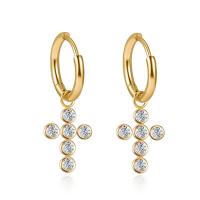 Titanium Steel  Earring Cross 14K gold plated micro pave cubic zirconia & for woman 30mm Sold By Pair