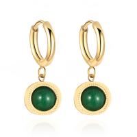 Titanium Steel  Earring, with Green Agate, 14K gold plated, fashion jewelry & for woman, green, 25mm, Sold By Pair