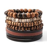 Cowhide Bracelet, with Coco & Wax Cord & Wood, 5 pieces & Adjustable & fashion jewelry & multilayer & Unisex, coffee color, 180mm, Sold By Set