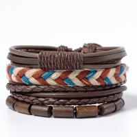 Cowhide Bracelet with Cotton Thread & Wax Cord & Wood 4 pieces & Adjustable & fashion jewelry & multilayer & Unisex multi-colored 180mm Sold By Set