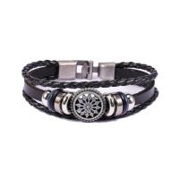 Cowhide Bracelet, with PU Leather & Tibetan Style, three layers & Adjustable & fashion jewelry & Unisex, black, 170mm, Sold By PC