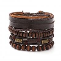 Cowhide Bracelet, with PU Leather & Wax Cord & Wood & Tibetan Style, 4 pieces & Adjustable & fashion jewelry & multilayer & Unisex, more colors for choice, 180mm, Sold By Set