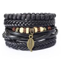 Cowhide Bracelet, with PU Leather & Tibetan Style, 4 pieces & fashion jewelry & multilayer & Unisex, black, 180mm, Sold By Set