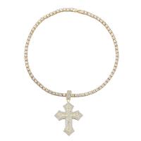 Tibetan Style Jewelry Necklace, Cross, gold color plated, fashion jewelry & for woman & with rhinestone, golden, 77mm, Length:18.26 Inch, Sold By PC
