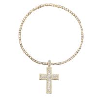 Tibetan Style Jewelry Necklace, Cross, gold color plated, fashion jewelry & for woman & with rhinestone, golden, 80mm, Length:18.26 Inch, Sold By PC