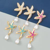 Rhinestone Earring Zinc Alloy with ABS Plastic Pearl Starfish gold color plated fashion jewelry & for woman & with rhinestone Sold By Pair