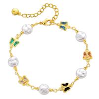 Brass Bracelet & Bangle, with Glass Rhinestone & Plastic Pearl, with 1.97inch extender chain, Butterfly, 18K gold plated, fashion jewelry & for woman, golden, nickel, lead & cadmium free, Length:Approx 6.7 Inch, Sold By PC