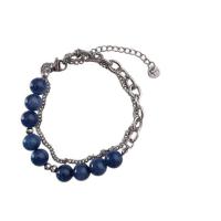 Bracelets de pierres précieuses, Acier titane, avec pierre gemme, avec 5cm chaînes de rallonge, Rond, Double couche & bijoux de mode & réglable & pour femme, bleu, Longueur:16 cm, Vendu par PC