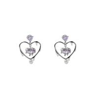 Tibetan Style Stud Earring, Heart, silver color plated, fashion jewelry & micro pave cubic zirconia & for woman, purple, nickel, lead & cadmium free, 23x31mm, Sold By Pair