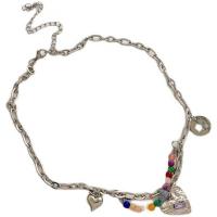 Titanstahl Halskette, mit Glasperlen, mit Verlängerungskettchen von 5cm, Herz, Modeschmuck & einstellbar & für Frau, Silberfarbe, Länge:40 cm, verkauft von PC