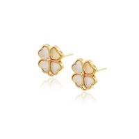 Brass Earring Stud Component, with Shell, Four Leaf Clover, 14K gold plated, DIY, white, nickel, lead & cadmium free, 10mm, Sold By Pair
