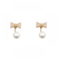 Zinc Alloy Drop Earrings with Plastic Pearl Bowknot high quality gold color plated fashion jewelry & for woman & with rhinestone gold nickel lead & cadmium free Sold By Pair