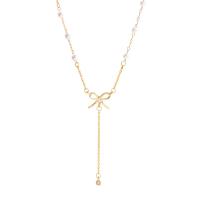 Titanium Steel Necklace, with Plastic Pearl, with 5cm extender chain, Bowknot, Vacuum Ion Plating, fashion jewelry & adjustable & micro pave cubic zirconia & for woman, golden, Length:Approx 42 cm, Sold By PC