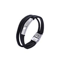 PU Leather Cord Bracelets, Titanium Steel, with PU Leather, Vacuum Ion Plating, multilayer & braided bracelet & Unisex, black, 223mm, Sold By PC
