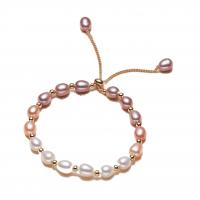 Bracelet en perles de culture d'eau douce, perle d'eau douce cultivée, avec laiton, Plaqué d'or 14K, Naturel & bijoux de mode & pour femme, couleurs mélangées, 6-7mm, Vendu par 16 cm brin