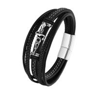 PU Leather Cord Bracelets, with 304 Stainless Steel, Vacuum Plating, fashion jewelry & multilayer & Unisex, black, 215mm, Sold By PC