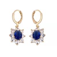 Rhinestone Earring Zinc Alloy Flower gold color plated fashion jewelry & high quality plated & for woman & with rhinestone blue 34mm Sold By Pair