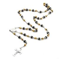 Rosary Necklace, 304 Stainless Steel, with Tibetan Style, Cross, Galvanic plating, Unisex & enamel, mixed colors, 6mm, Length:27.56 Inch, Sold By PC