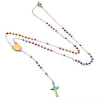 Rosary Necklace, 304 Stainless Steel, with Tibetan Style, Cross, Galvanic plating, Unisex, multi-colored, 3mm, Length:19.69 Inch, Sold By PC