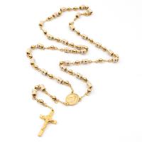 Rosary Necklace 304 Stainless Steel with Zinc Alloy Cross Galvanic plating Unisex & enamel golden 6mm Length 27.56 Inch Sold By PC