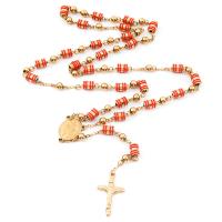 Rosary Necklace 304 Stainless Steel with Zinc Alloy Cross Galvanic plating Unisex & enamel red 6mm Length 27.56 Inch Sold By PC