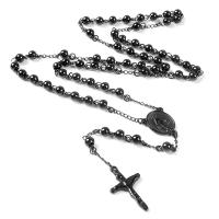 Rosary Necklace, 304 Stainless Steel, with Tibetan Style, Cross, Galvanic plating, Unisex, black, 5mm, Length:25.59 Inch, Sold By PC
