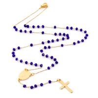 Rosary Necklace, 304 Stainless Steel, with Crystal & Tibetan Style, Cross, Galvanic plating, Unisex, blue, 3.50mm, Length:19.69 Inch, Sold By PC