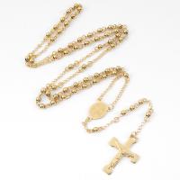 Rosary Necklace, 304 Stainless Steel, with Tibetan Style, Cross, Galvanic plating, Unisex, golden, 4mm, Length:19.69 Inch, Sold By PC