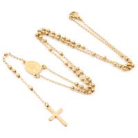 Rosary Necklace 304 Stainless Steel with Zinc Alloy Cross Galvanic plating Unisex golden 3mm Length 19.69 Inch Sold By PC
