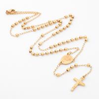 Rosary Necklace, 304 Stainless Steel, with Tibetan Style, Cross, Galvanic plating, Unisex, golden, Length:27.56 Inch, Sold By PC