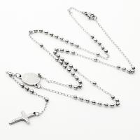 Rosary Necklace 304 Stainless Steel with Zinc Alloy Cross Galvanic plating Unisex silver color 3mm Length 19.69 Inch Sold By PC