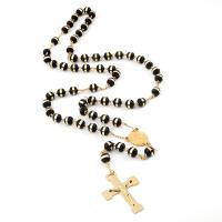 Rosary Necklace, 304 Stainless Steel, with Crystal & Tibetan Style, Cross, Galvanic plating, Unisex, 8mm, Length:29.53 Inch, Sold By PC