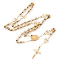 Rosary Necklace, 304 Stainless Steel, with Tibetan Style, Cross, Galvanic plating, Unisex & with rhinestone, golden, Length:27.56 Inch, Sold By PC