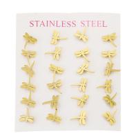 Stainless Steel Stud Earrings, 304 Stainless Steel, Dragonfly, Vacuum Ion Plating, fashion jewelry & for woman, golden, 8x9mm, 12Pairs/Lot, Sold By Lot