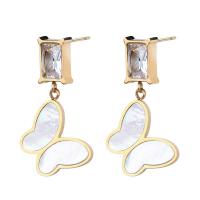 Shell Earrings Titanium Steel with White Shell Butterfly Vacuum Ion Plating fashion jewelry & micro pave cubic zirconia & for woman Sold By Pair
