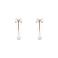 Cubic Zirconia Micro Pave Brass Earring with Plastic Pearl Bowknot gold color plated fashion jewelry & micro pave cubic zirconia & for woman & enamel nickel lead & cadmium free Sold By Pair