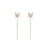 Fashion Fringe Earrings, Brass, Butterfly, gold color plated, fashion jewelry & micro pave cubic zirconia & for woman, golden, nickel, lead & cadmium free, 10x50mm, Sold By Pair