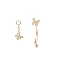 Asymmetric Earrings, Brass, with White Shell & Plastic Pearl, Butterfly, gold color plated, fashion jewelry & micro pave cubic zirconia & for woman, golden, nickel, lead & cadmium free, 15x34mm,13x48mm, Sold By Pair