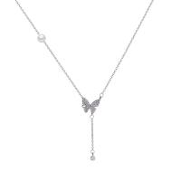 Titanium Steel Necklace, with 4.8cm extender chain, Butterfly, platinum color plated, fashion jewelry & adjustable & micro pave cubic zirconia & for woman, platinum color, Length:Approx 36 cm, Sold By PC