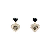Resin Earring, Tibetan Style, with Resin, Heart, high quality gold color plated, fashion jewelry & for woman & with rhinestone, black, nickel, lead & cadmium free, 20x30mm, Sold By Pair
