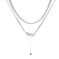 Multi Layer Necklace Titanium Steel with 4.3cm extender chain Bowknot polished Double Layer & fashion jewelry & adjustable & micro pave cubic zirconia & for woman silver color Length Approx 30 cm Approx 36 cm Sold By PC